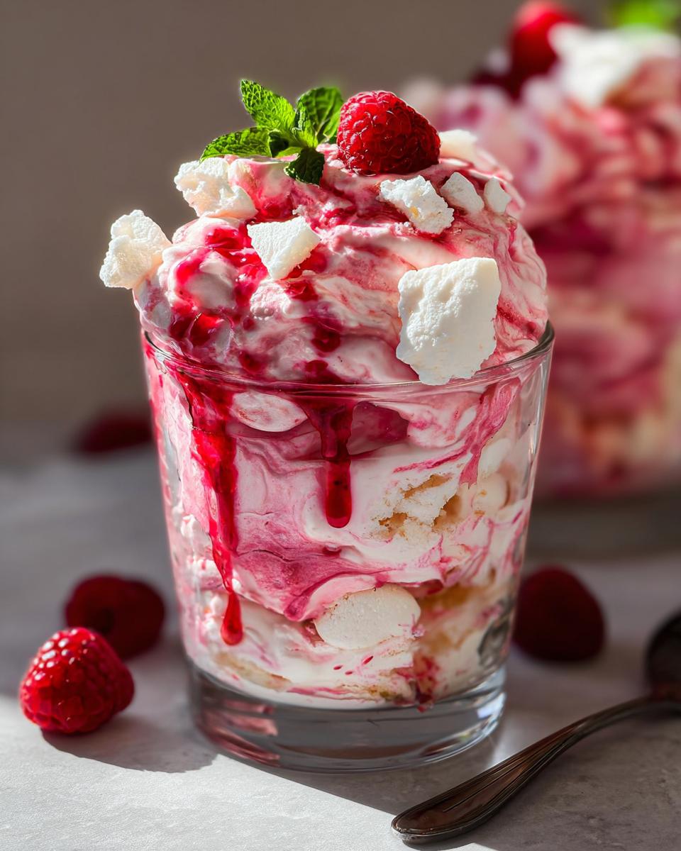 A close-up of a glass filled with Mary Berry Inspired Raspberry Eton Mess, featuring swirls of cream, raspberry sauce, meringue pieces, and fresh raspberries.