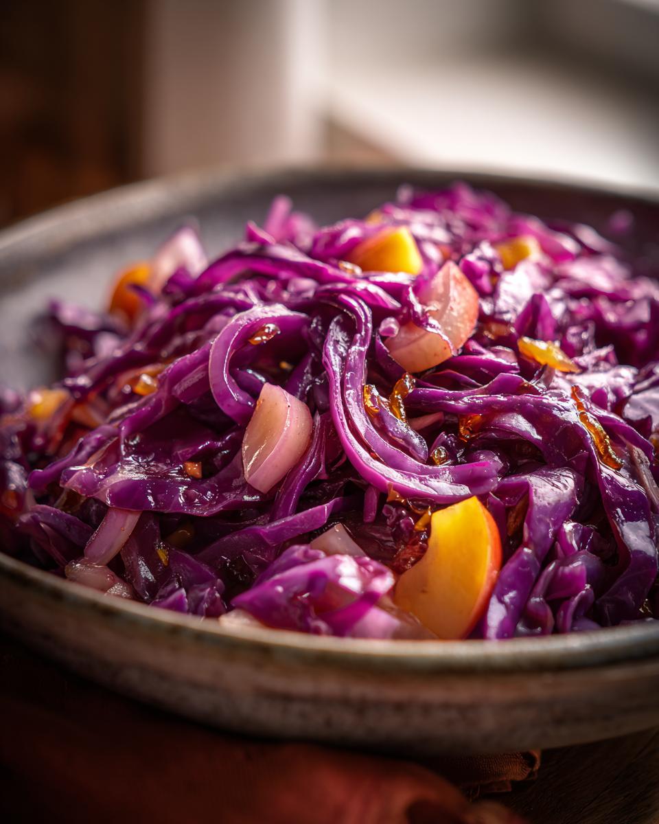 A close-up of a bowl filled with a vibrant Red Cabbage Recipe inspired by Mary Berry, featuring tender red cabbage, apple slices, and onions.