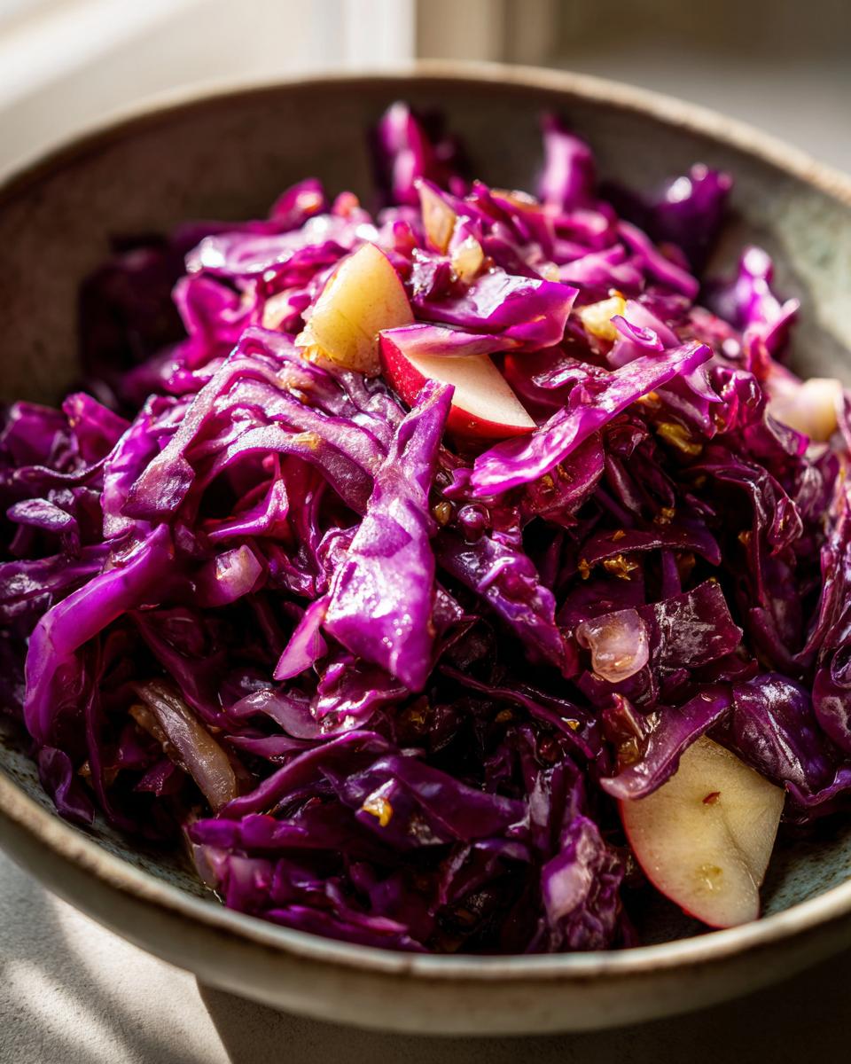 A close-up of a bowl filled with a vibrant Red Cabbage Recipe inspired by Mary Berry, featuring tender red cabbage, apple slices, and onions.