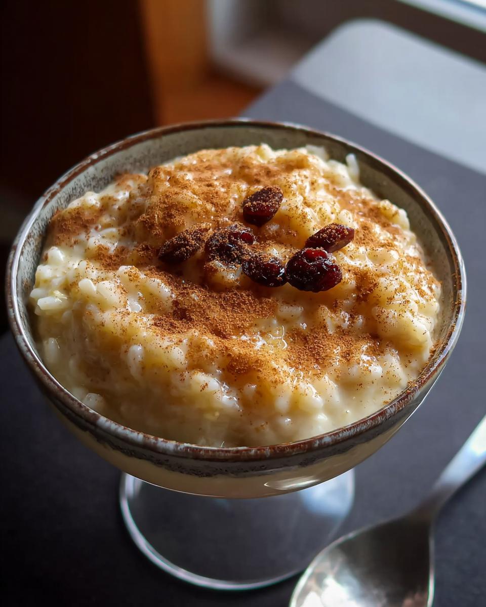A close-up of a bowl of creamy Mary Berry-Inspired Classic Rice Pudding, topped with cinnamon and raisins.