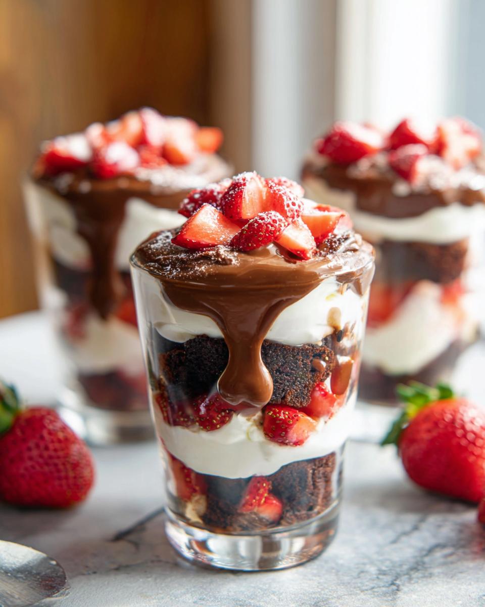 Close-up of a decadent Mary Berry Inspired Strawberry Brownie Trifle in a glass, layered with chocolate brownie, cream, and fresh strawberries.