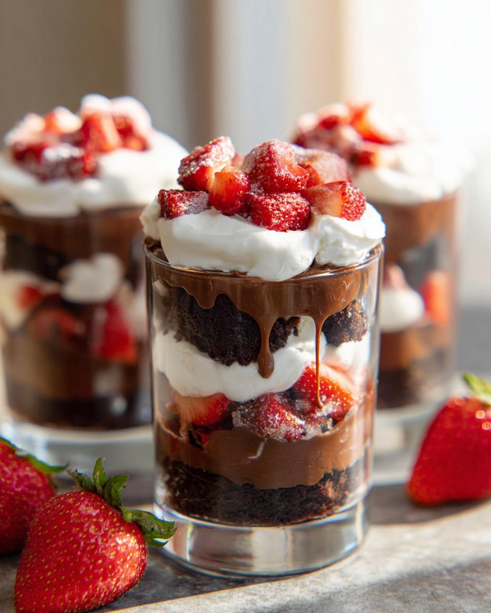 Close-up of a Mary Berry Inspired Strawberry Brownie Trifle in a glass, layered with chocolate brownie, cream, and strawberries.