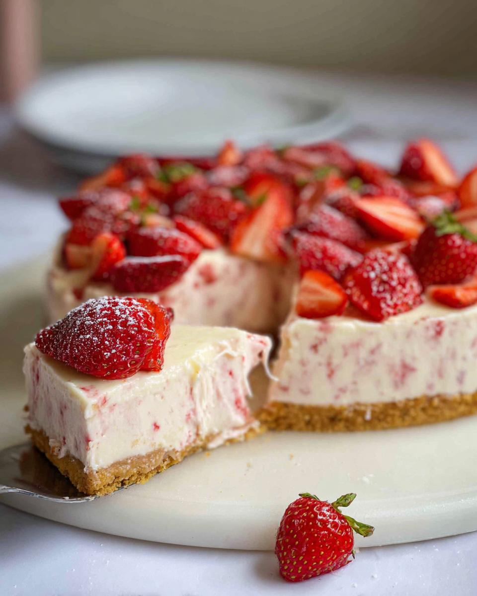 A slice of Mary Berry inspired strawberry cheesecake, topped with fresh strawberries and dusted with icing sugar.