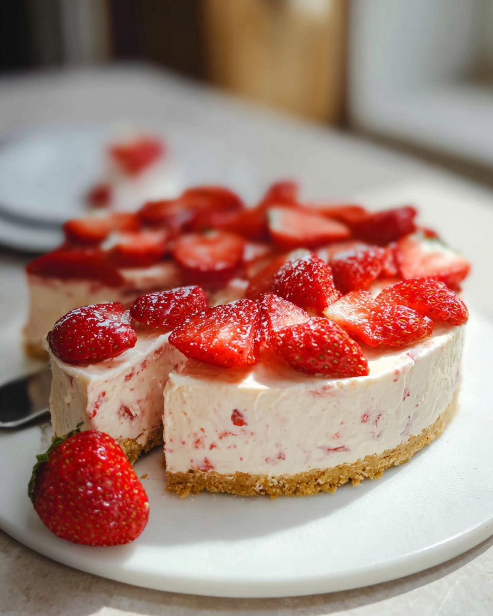 A slice of creamy Mary Berry inspired strawberry cheesecake topped with fresh strawberries and a dusting of icing sugar.