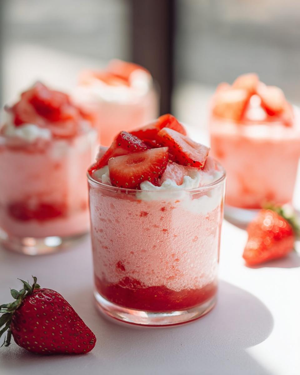 Close-up of individual glasses filled with Mary Berry Inspired Fresh Strawberry Mousse, topped with cream and fresh strawberries.