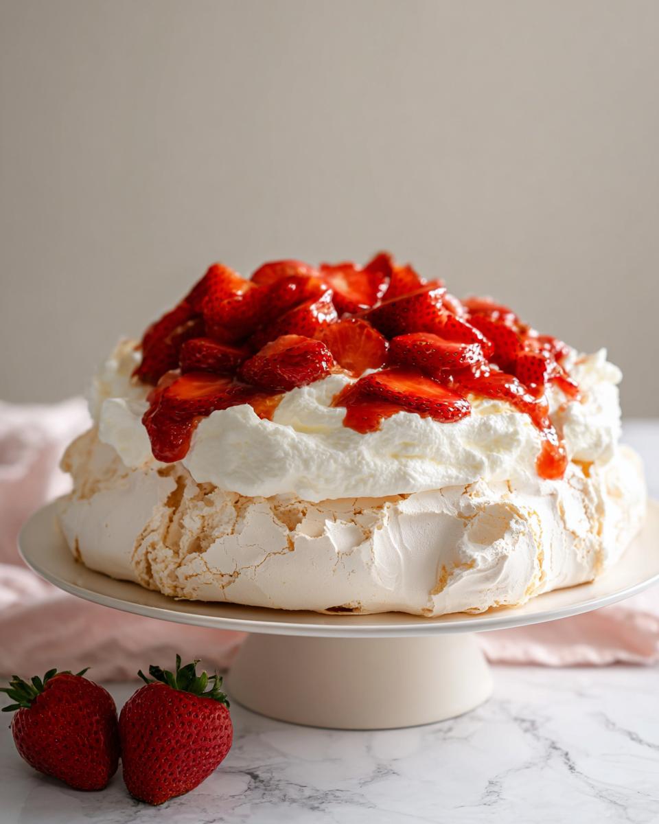 A beautiful Mary Berry Inspired Classic Strawberry Pavlova topped with whipped cream and fresh strawberries.