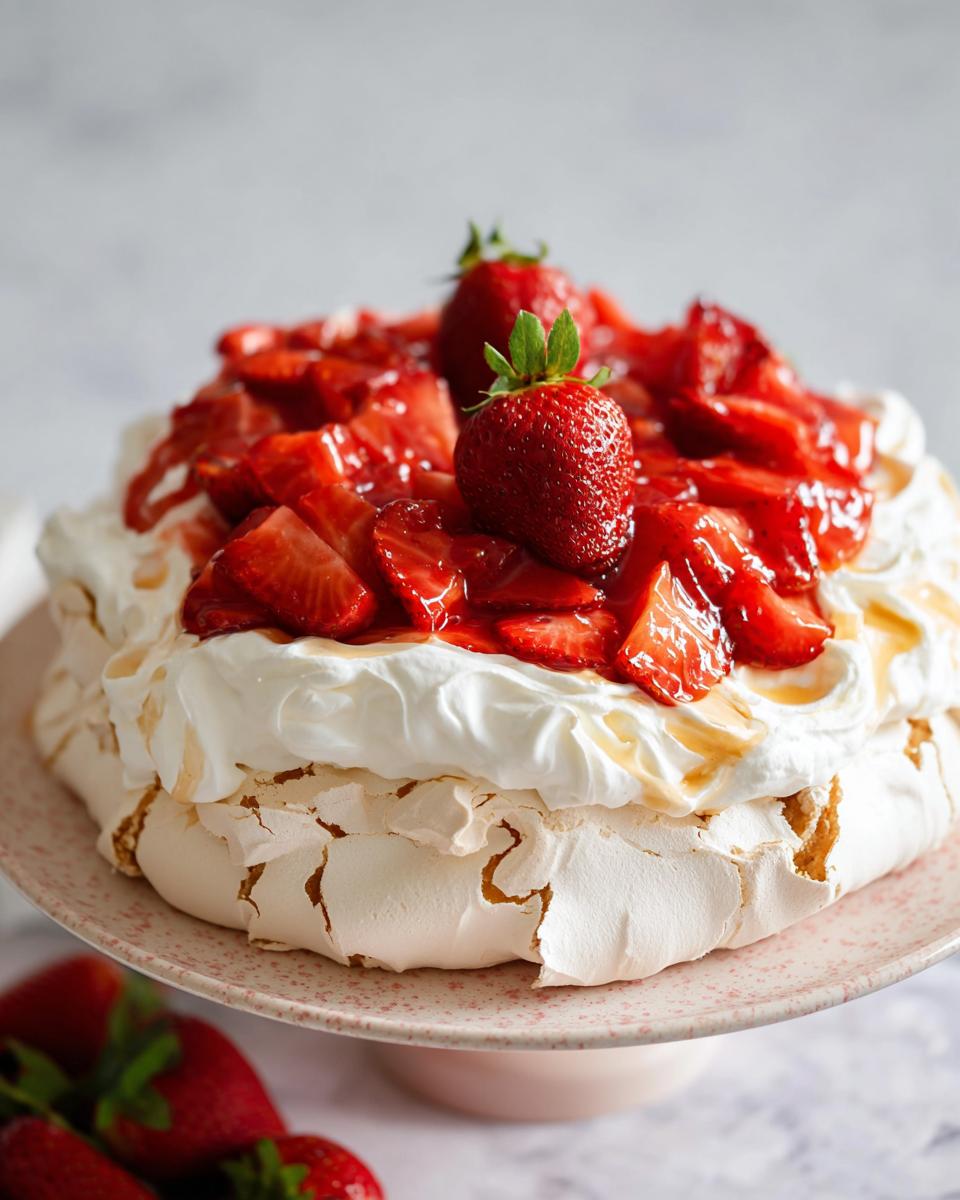 A beautiful Mary Berry Inspired Classic Strawberry Pavlova topped with whipped cream and fresh strawberries.