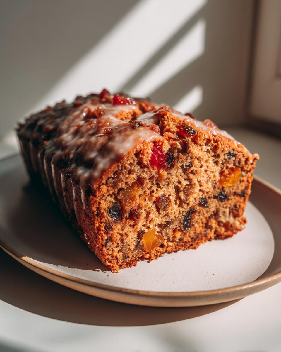 A slice of fruit-filled Tea Loaf, inspired by Mary Berry, with a light glaze and visible dried fruit pieces.
