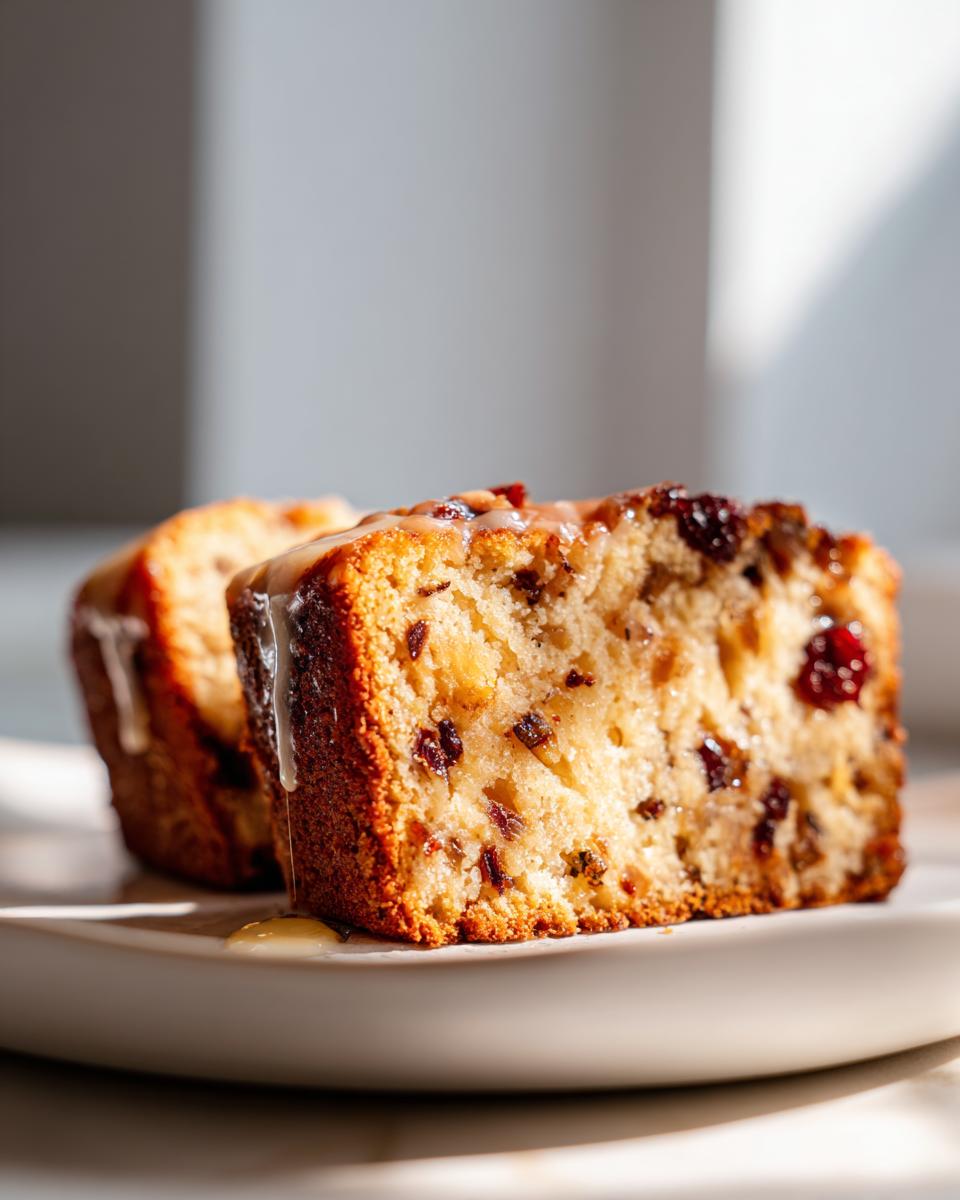 Close-up of two slices of a fruit-filled Tea Loaf, inspired by Mary Berry, with a light glaze dripping down.