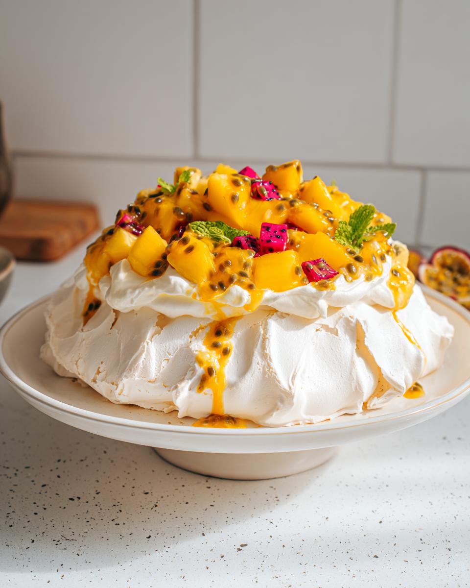 A stunning Mary Berry-inspired Tropical Pavlova topped with whipped cream and vibrant tropical fruits like mango and dragon fruit.