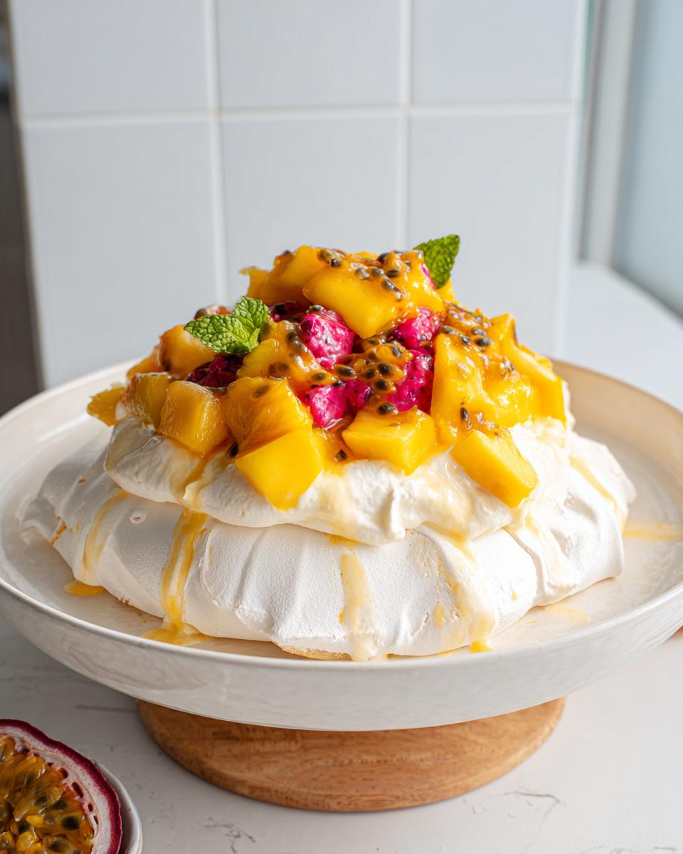 A stunning Mary Berry-Inspired Tropical Pavlova topped with mango, passionfruit, dragon fruit, and mint.