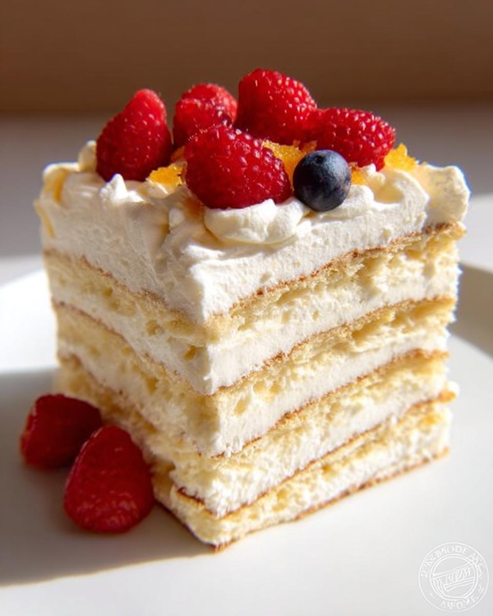 A slice of Mary Berry Inspired Easy Vanilla Icebox Cake, layered with cream and topped with fresh raspberries and a blueberry.
