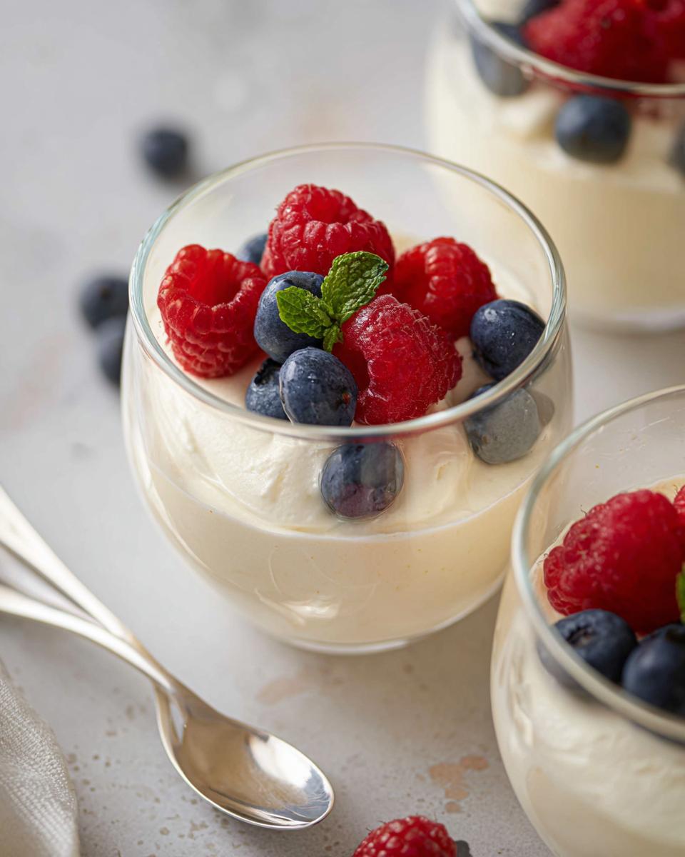 Close-up of a Mary Berry Inspired White Chocolate Mousse topped with fresh raspberries and blueberries, garnished with mint.
