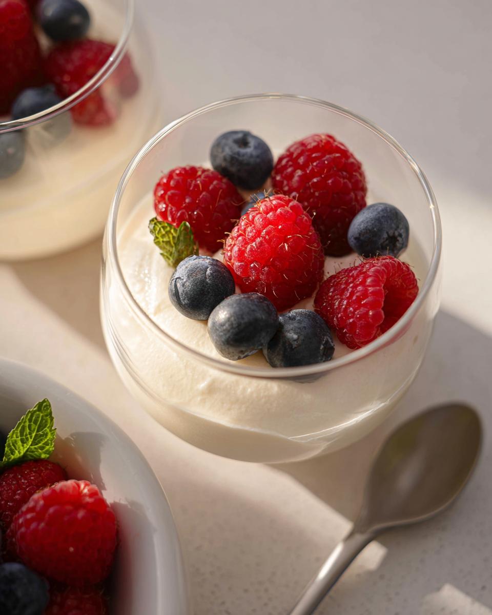 Close-up of Mary Berry Inspired White Chocolate Mousse topped with fresh raspberries, blueberries, and mint.