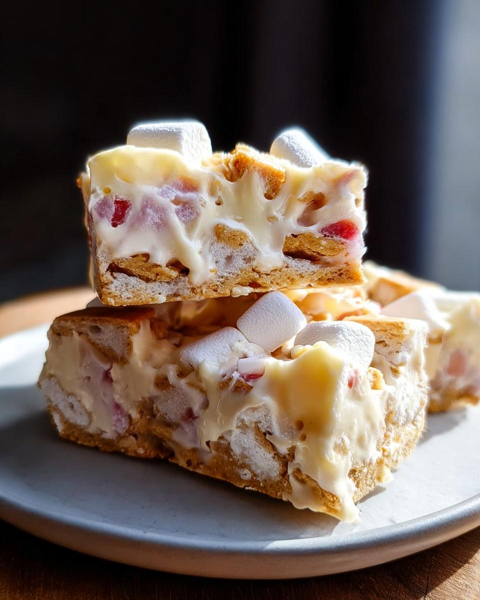 Close-up of two squares of Mary Berry-Inspired White Chocolate Rocky Road, topped with marshmallows.