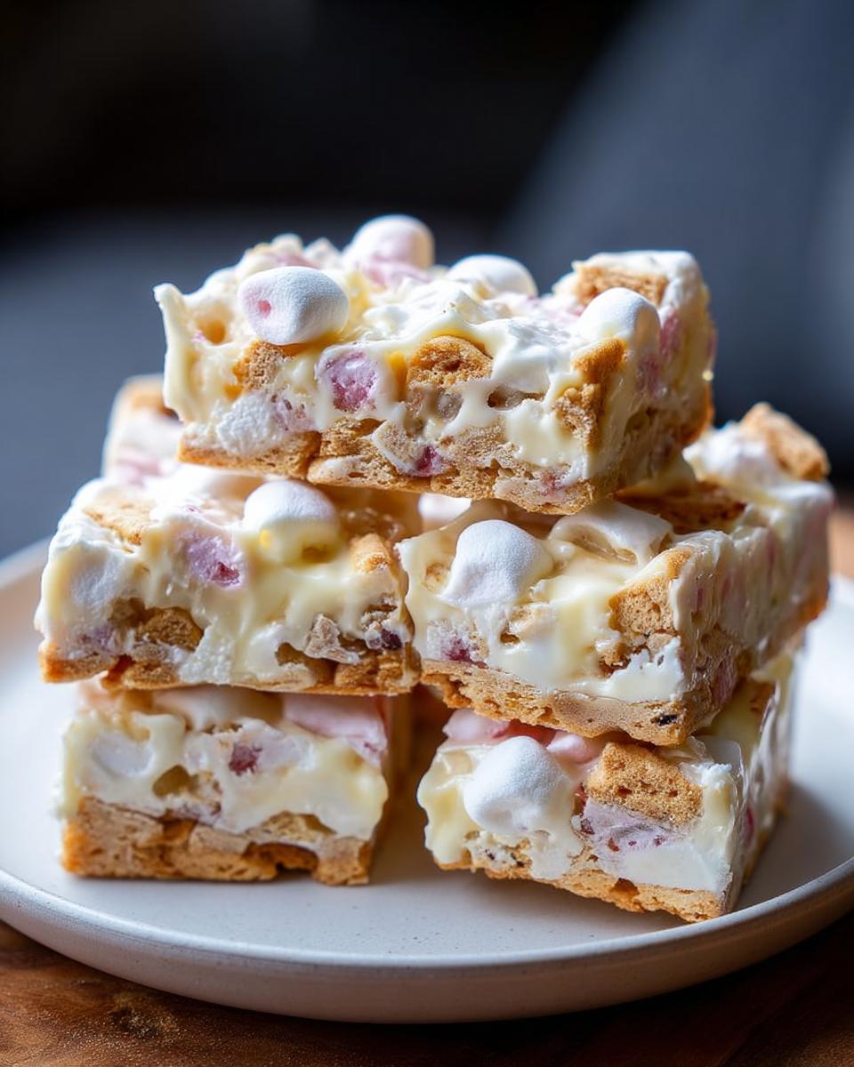 A close-up stack of Mary Berry-Inspired White Chocolate Rocky Road squares, showing marshmallows, biscuits, and white chocolate.