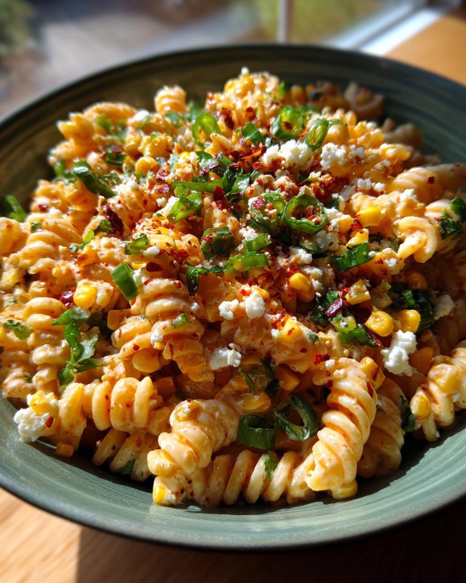 A close-up of a bowl of Mexican corn pasta salad with fusilli pasta, corn, crumbled cheese, and green onions.