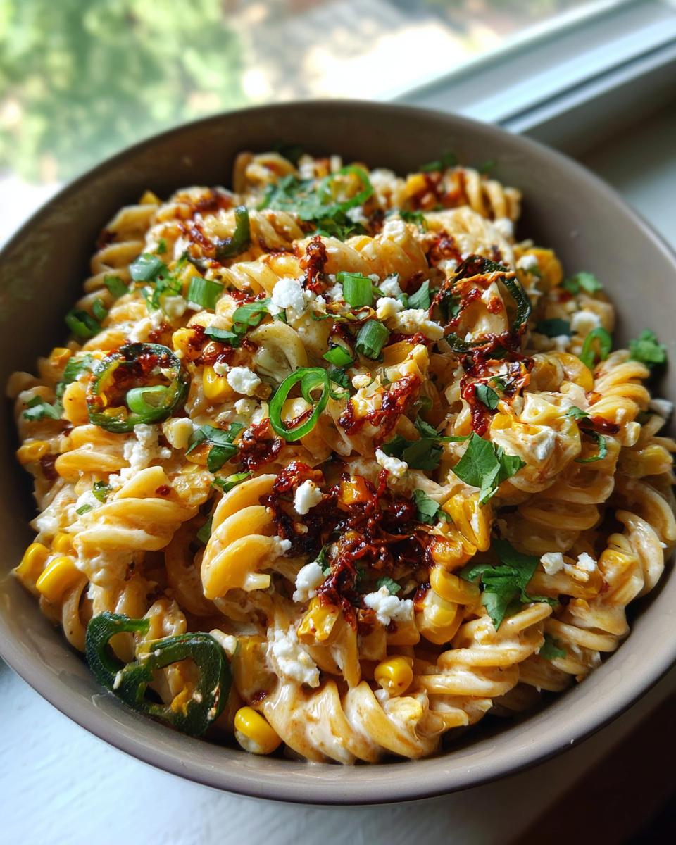 A bowl of creamy mexican corn pasta salad with fusilli pasta, corn, jalapenos, crumbled cheese, and cilantro.