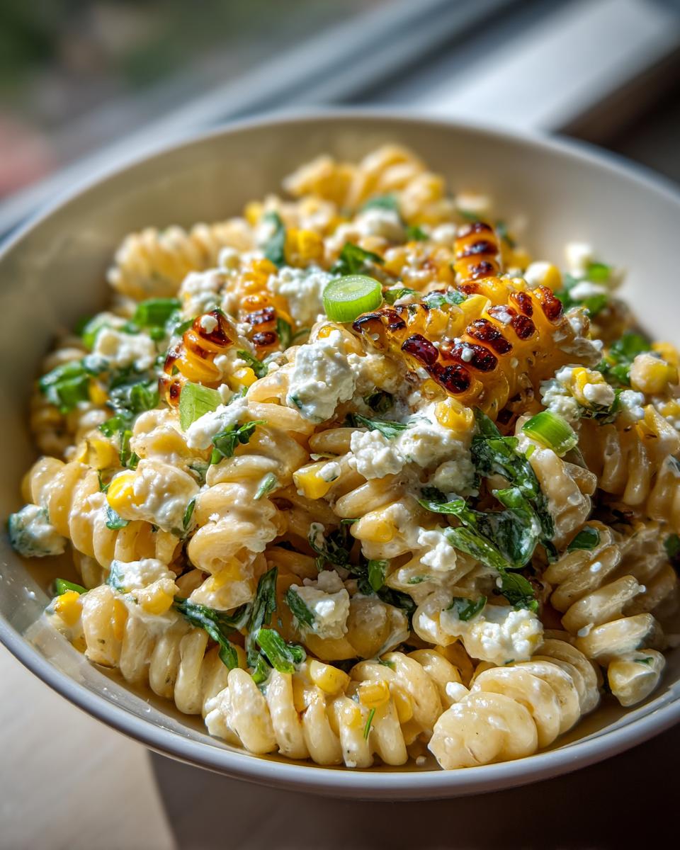 A close-up of Mexican street corn pasta salad featuring fusilli pasta, crumbled cheese, corn, and green onions.