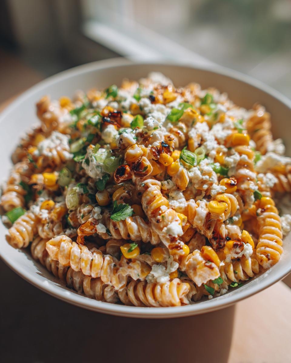 A close-up of a bowl of Mexican street corn pasta salad, featuring rotini pasta, corn, crumbled cheese, and cilantro.