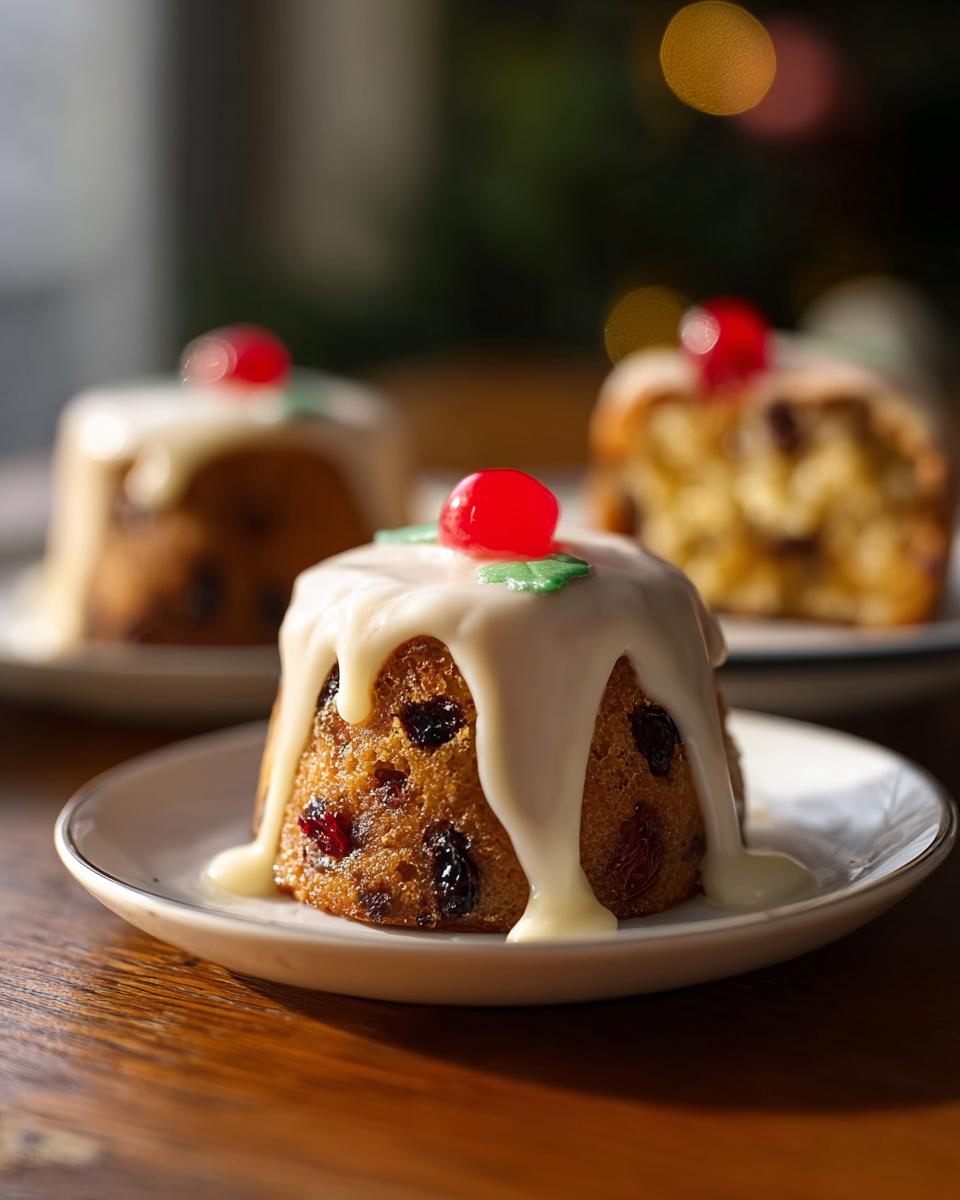 Close-up of a festive mini fruit cake, topped with white icing, a cherry, and a green leaf decoration.
