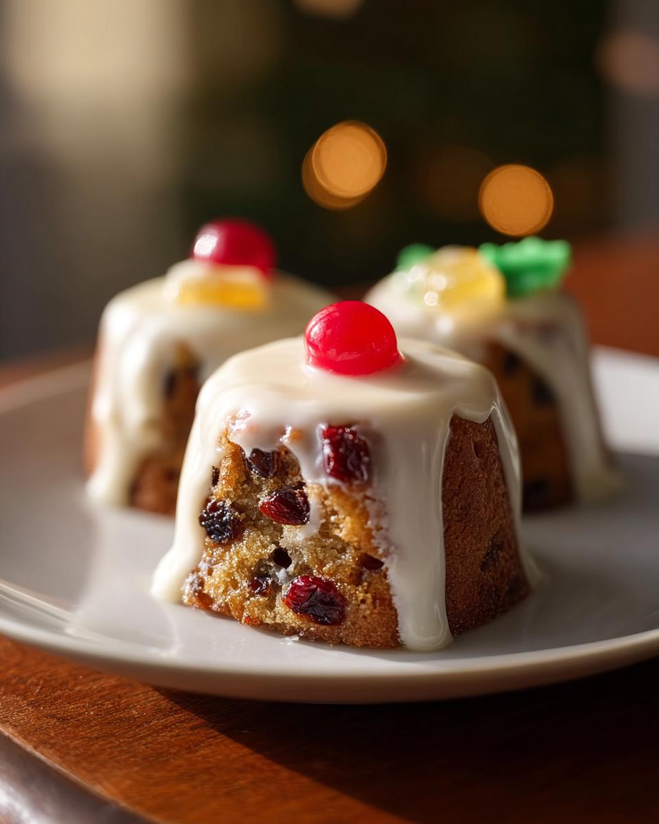 Three mini fruit cakes inspired by Mary Berry, topped with white icing and cherries.