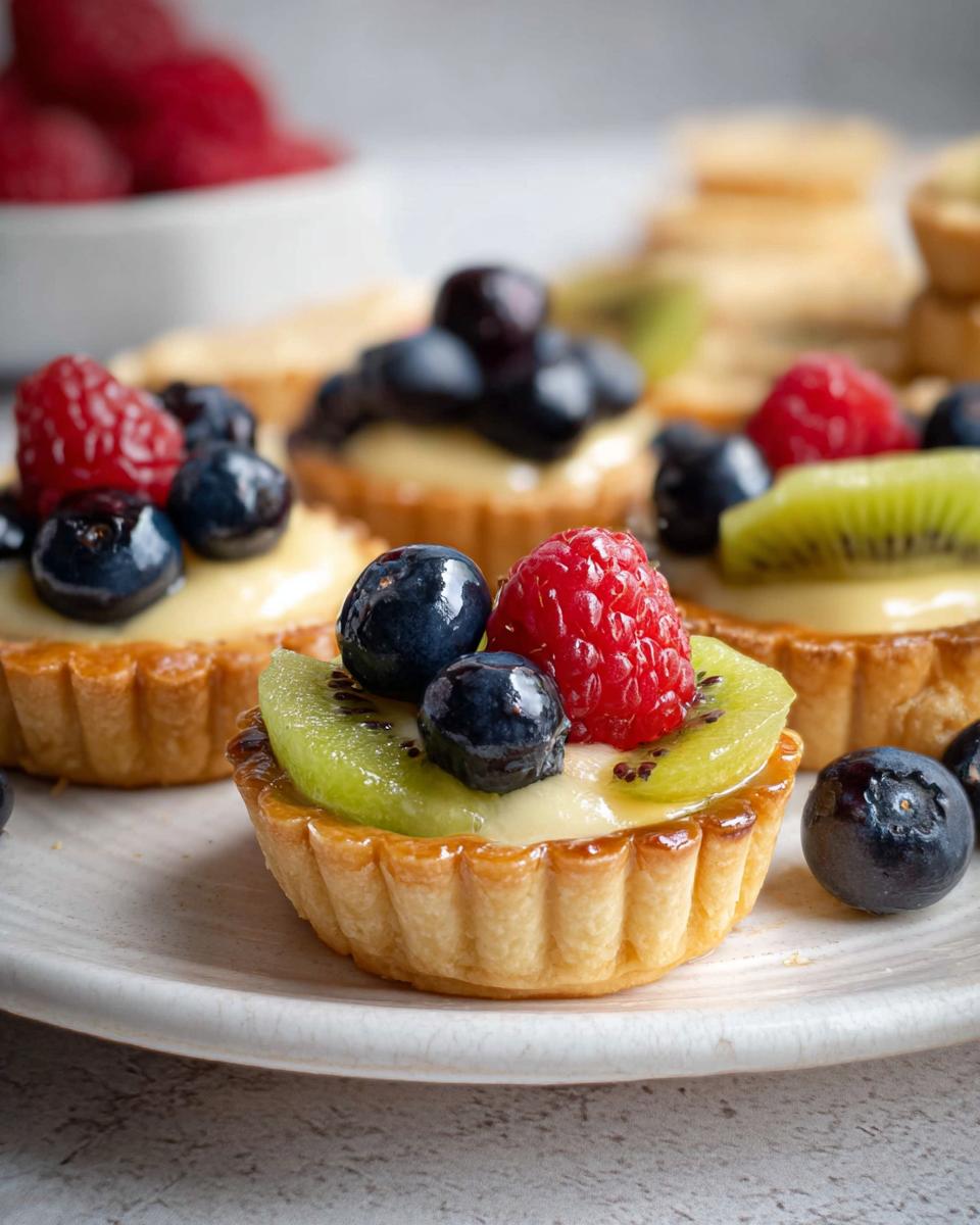 Close-up of delicious Mini Fruit Tarts Inspired by Mary Berry, topped with fresh berries and kiwi.