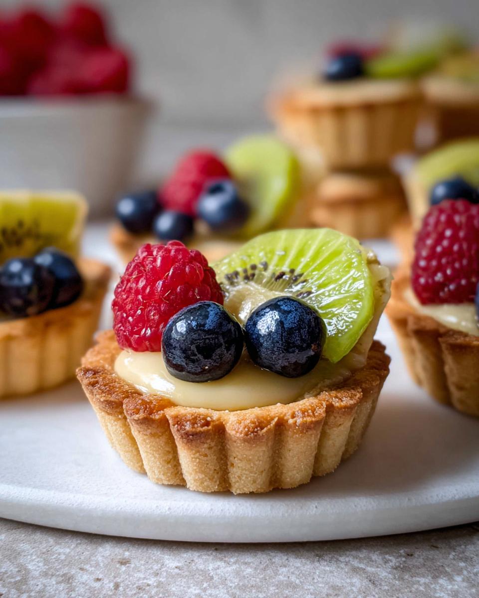 Close-up of a Mini Fruit Tart inspired by Mary Berry, topped with custard, raspberries, blueberries, and kiwi.