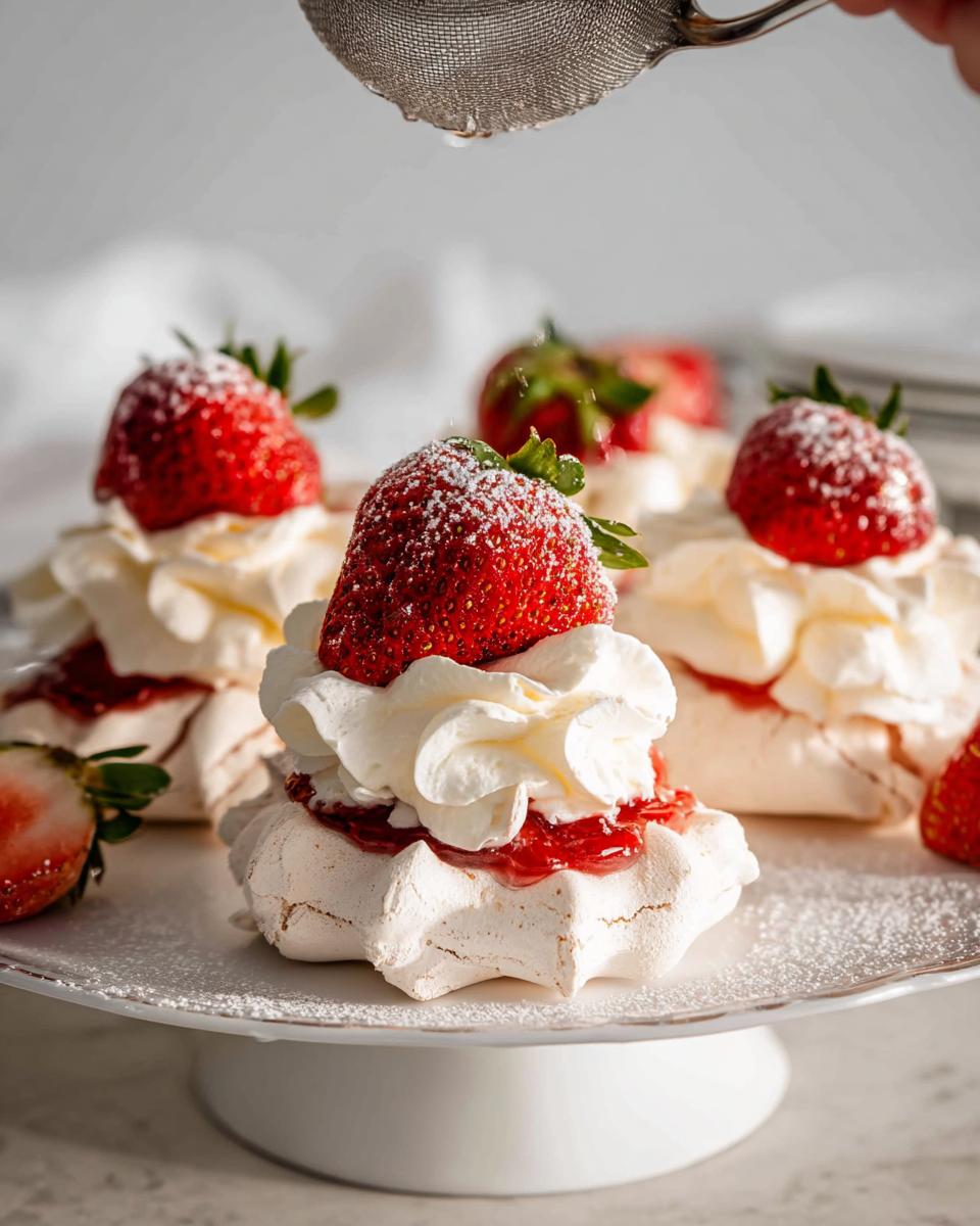 Close-up of Mini Strawberry Pavlova Nests topped with whipped cream, strawberry jam, and fresh strawberries, dusted with icing sugar.