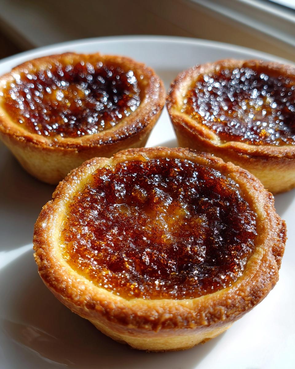 Close-up of three golden mini treacle tarts with a glistening, syrupy filling on a white plate.