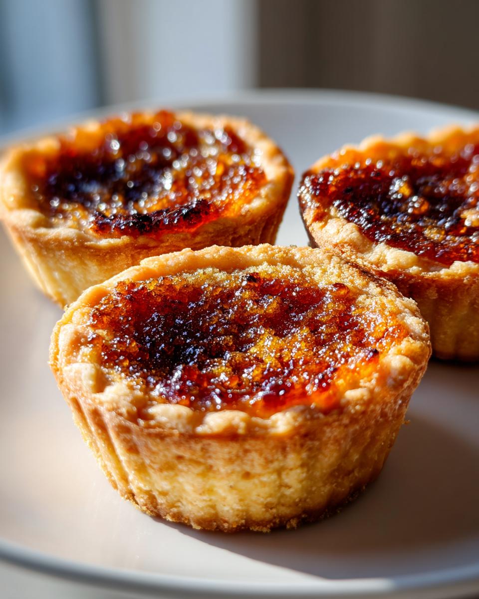 Close-up of three golden mini treacle tarts with a glistening, caramelised filling on a pale plate.