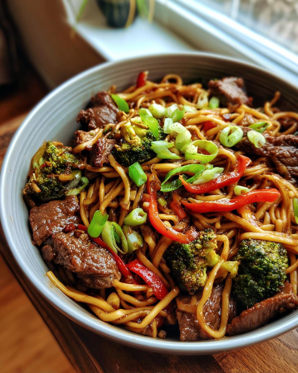 A close-up shot of a bowl filled with delicious Mongolian Beef Lo Mein, featuring tender beef strips, noodles, broccoli florets, and red bell peppers, garnished with green onions.