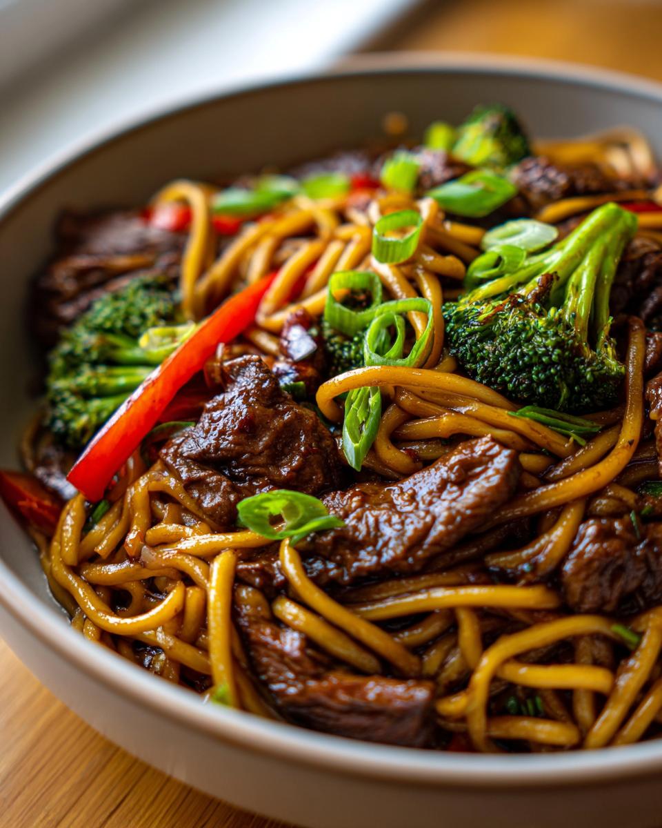 Close-up of a bowl of Mongolian Beef Lo Mein with tender beef, noodles, broccoli, and green onions.