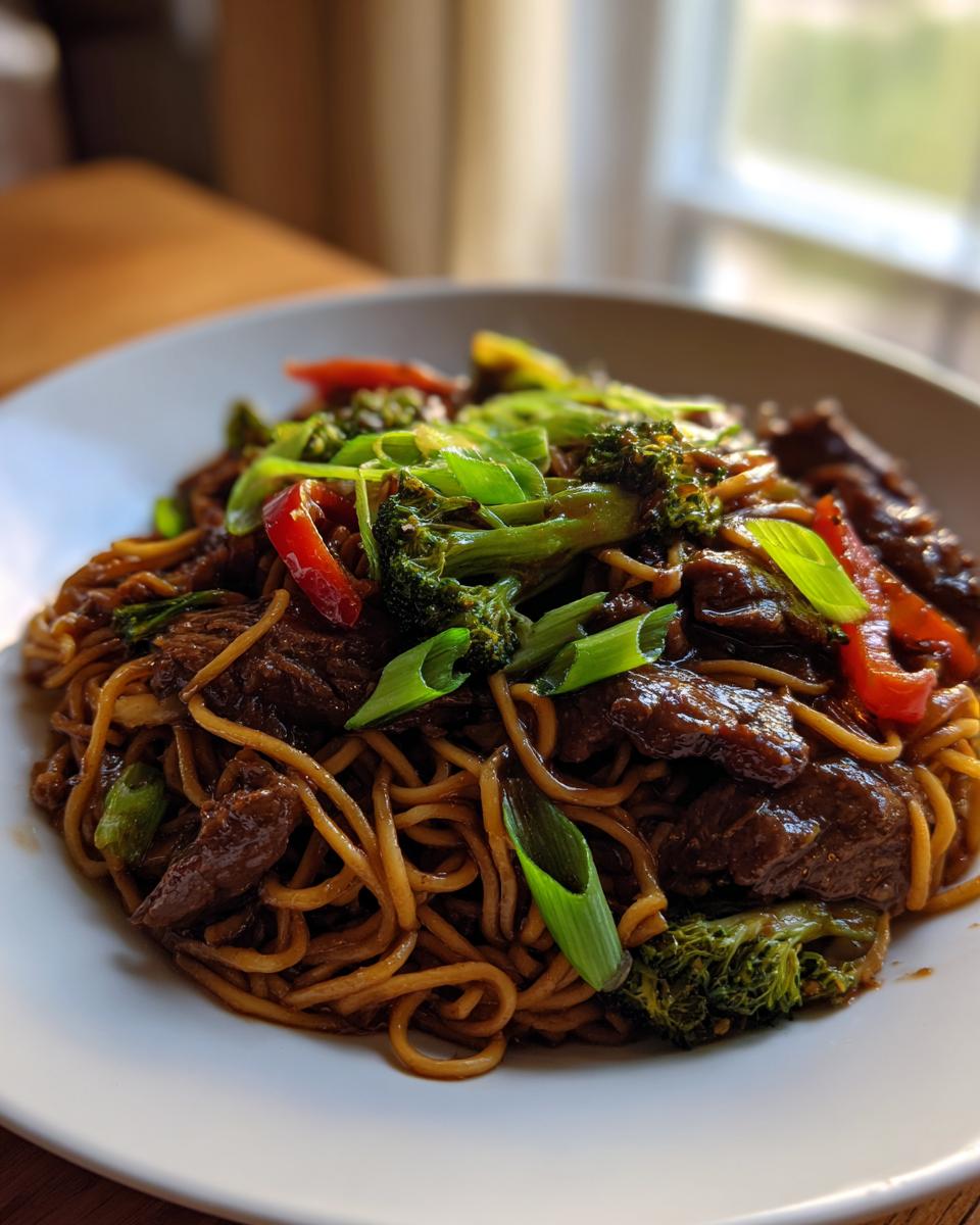 A close-up of a white bowl filled with Mongolian Beef Noodle Stir Fry, featuring tender beef strips, noodles, broccoli, and red peppers.