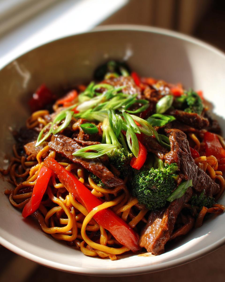 A close-up of a bowl of Mongolian Beef Noodles, featuring tender beef strips, noodles, broccoli, and red bell peppers, garnished with green onions.