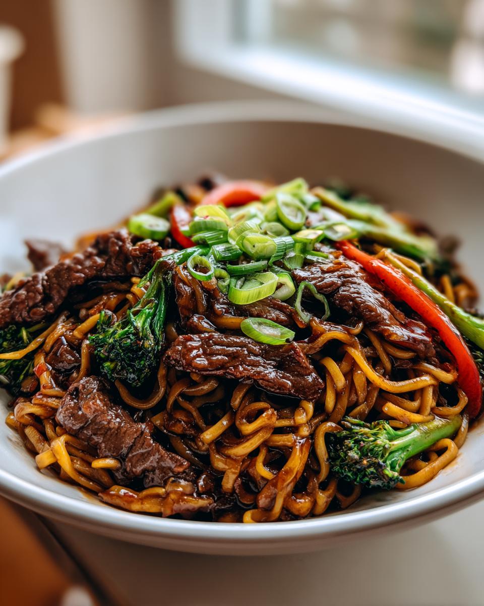 A close-up shot of a bowl of Mongolian beef noodles, featuring tender beef strips, noodles, broccoli, and red bell peppers, topped with green onions.
