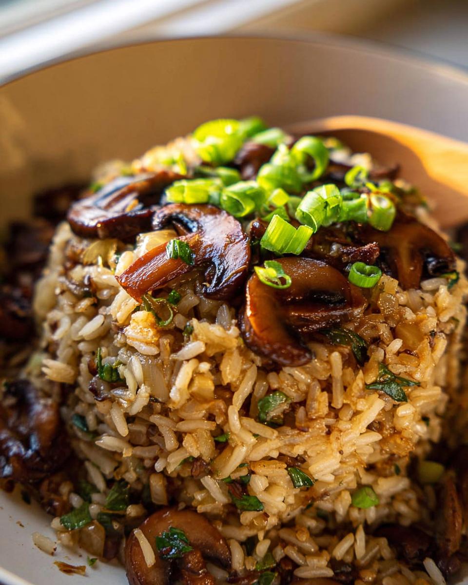 A close-up of a delicious Mushroom Rice Recipe with Garlic and Herbs, topped with sliced mushrooms and green onions.