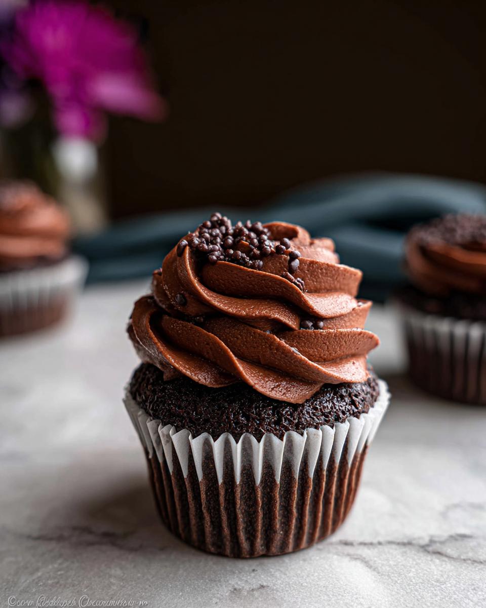 Close-up of a rich chocolate cupcake topped with swirls of chocolate frosting and chocolate sprinkles, inspired by Nigella Lawson.