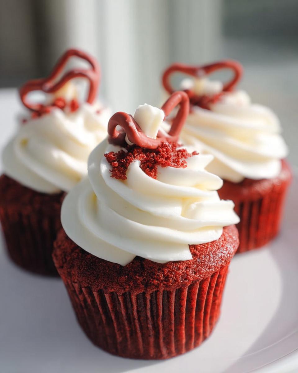 Three decadent Red Velvet Cupcakes inspired by Nigella Lawson, topped with swirls of cream cheese frosting and red velvet crumbs.