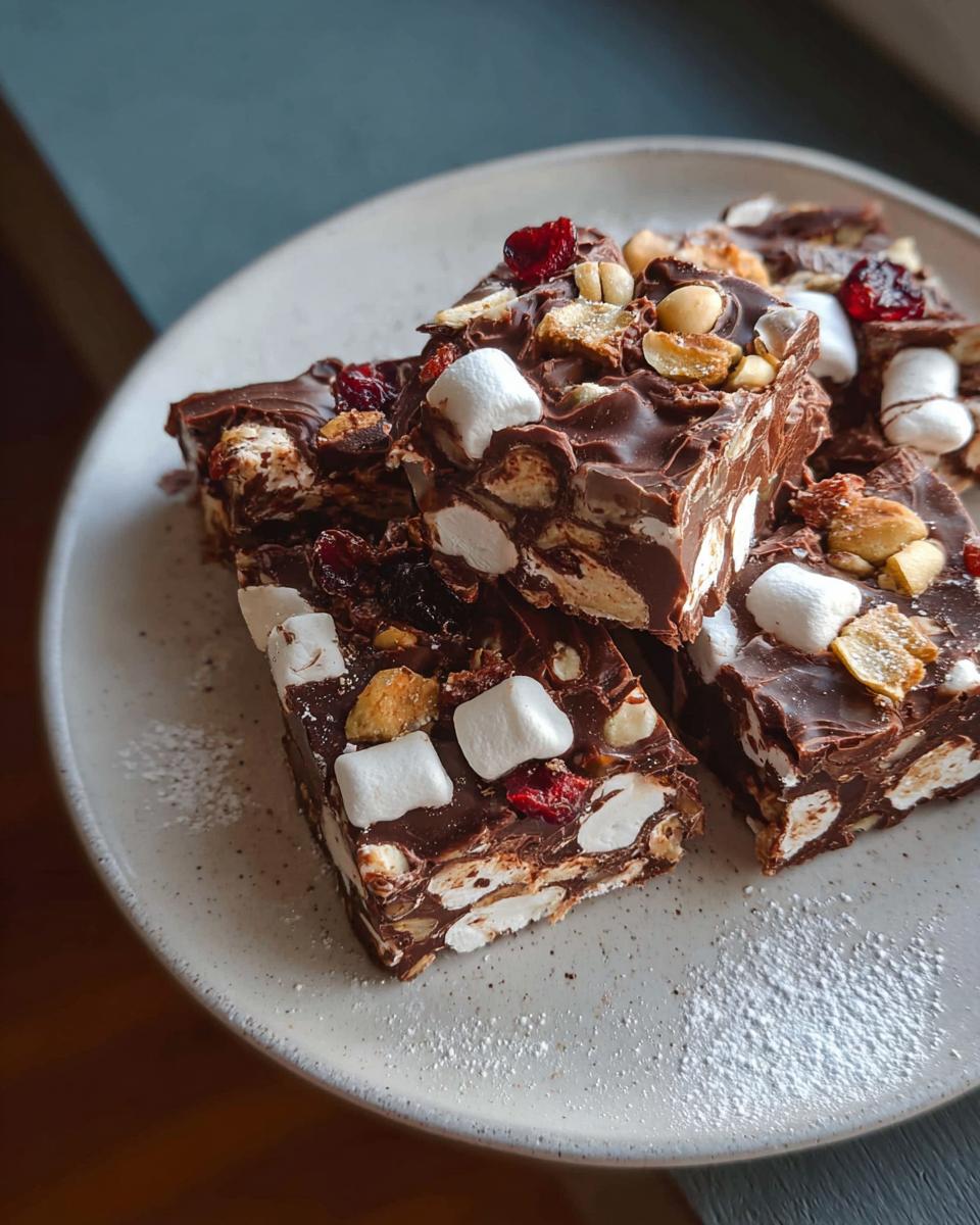 Close-up of rich chocolate bars from Nigella's Rocky Road recipe, packed with marshmallows, nuts, and dried cranberries.