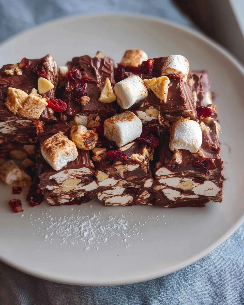 Close-up of Nigella's Rocky Road recipe bars, packed with marshmallows, dried cranberries, nuts, and chocolate.