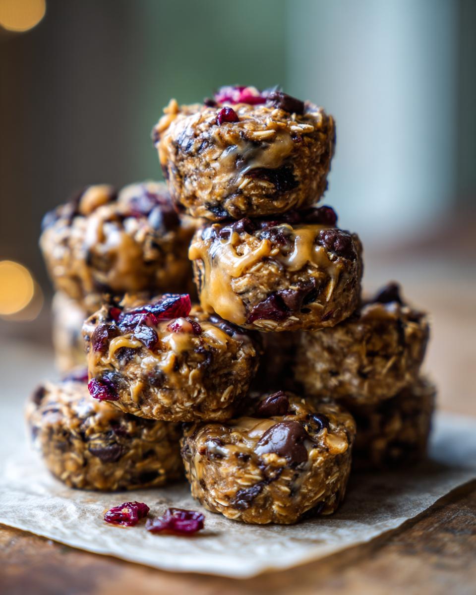 A stack of no bake chocolate blueberry bites, drizzled with caramel and topped with dried cranberries.