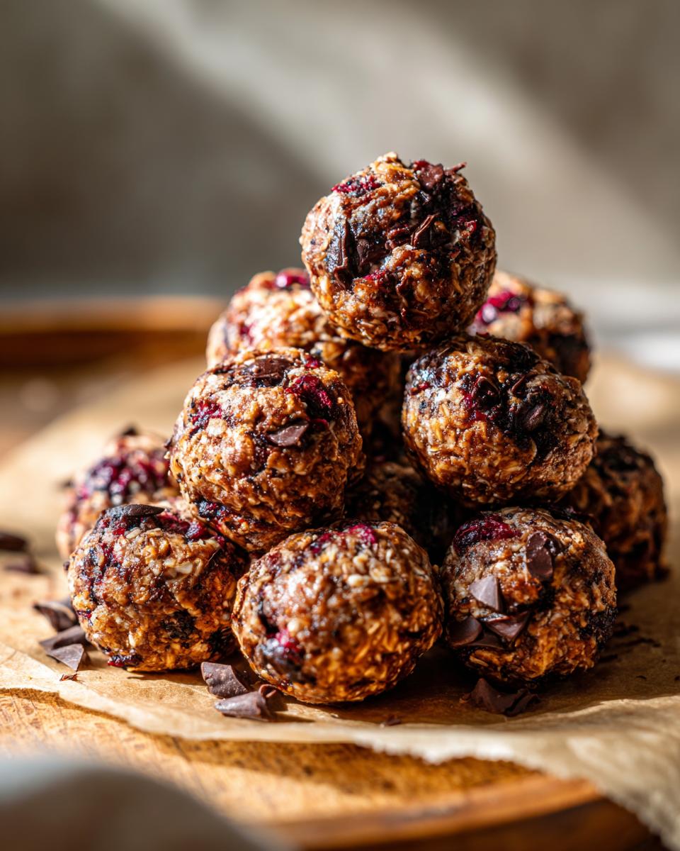 A close-up stack of no bake chocolate blueberry bites, showing oats, chocolate chips, and dried blueberries.