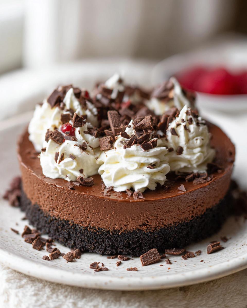 A decadent No Bake Chocolate Cheesecake Mary Berry Inspired, topped with whipped cream and chocolate shavings.