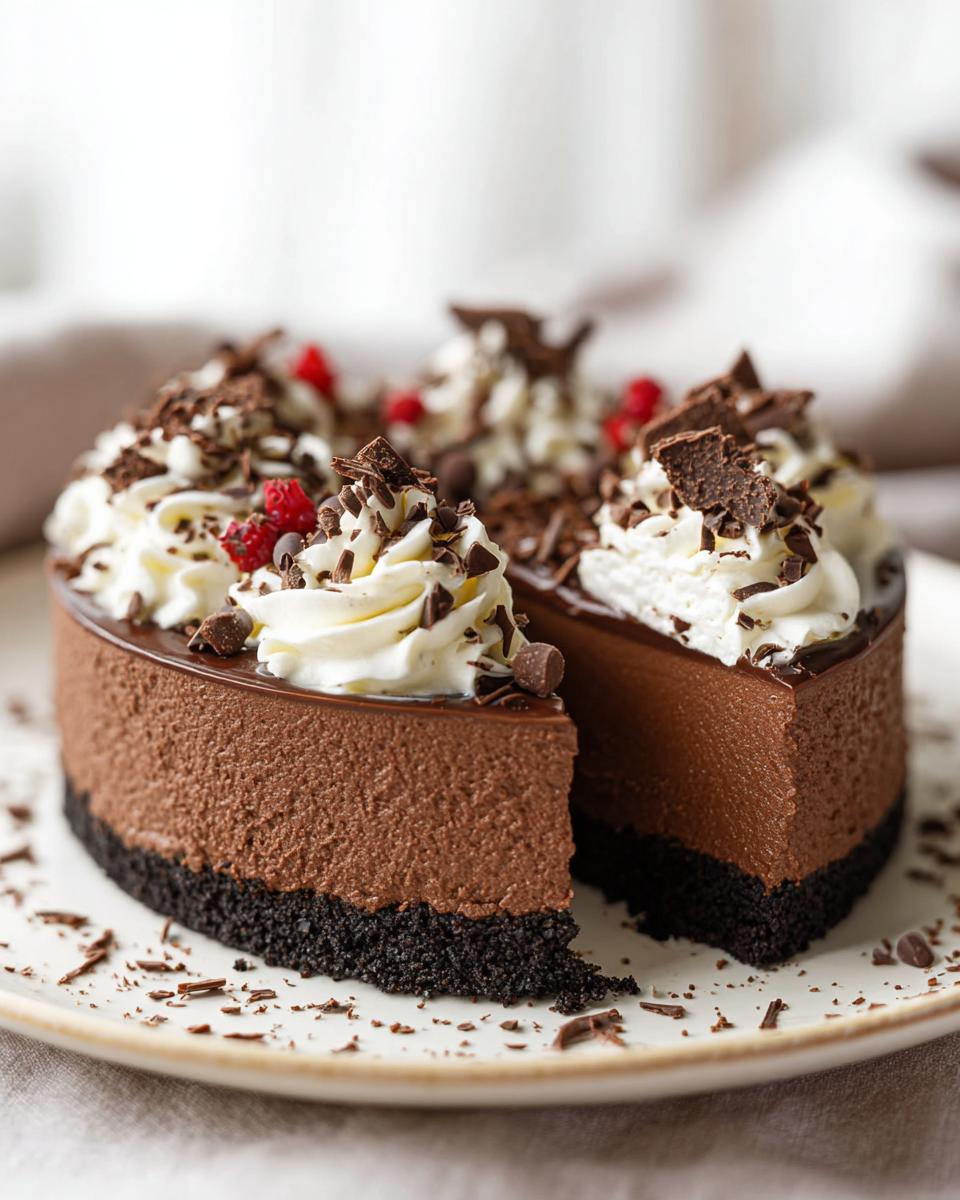 A slice of decadent No Bake Chocolate Cheesecake Mary Berry Inspired, topped with whipped cream and chocolate shavings.