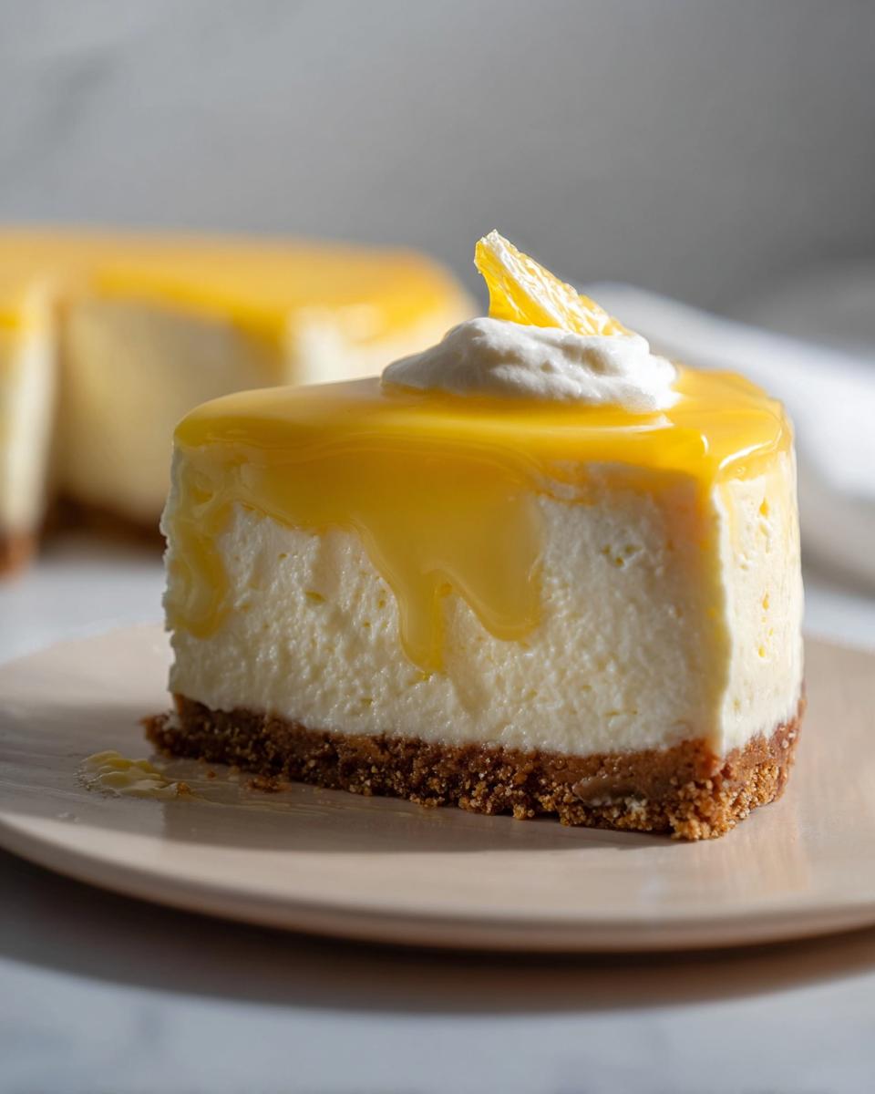 A delicious slice of No Bake Lemon Cheesecake, topped with cream and a lemon slice.