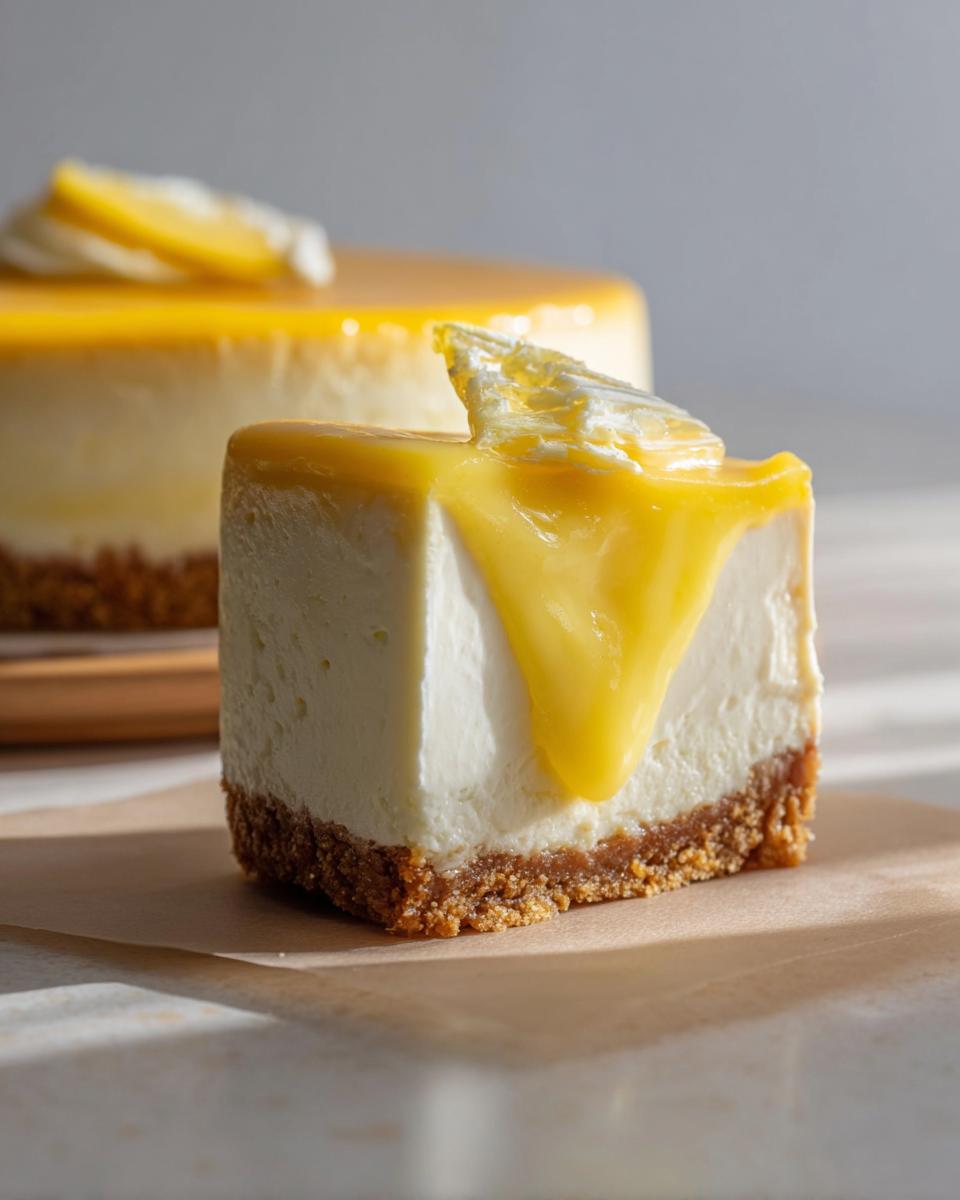 A slice of No Bake Lemon Cheesecake with a rich lemon curd topping and a biscuit base.