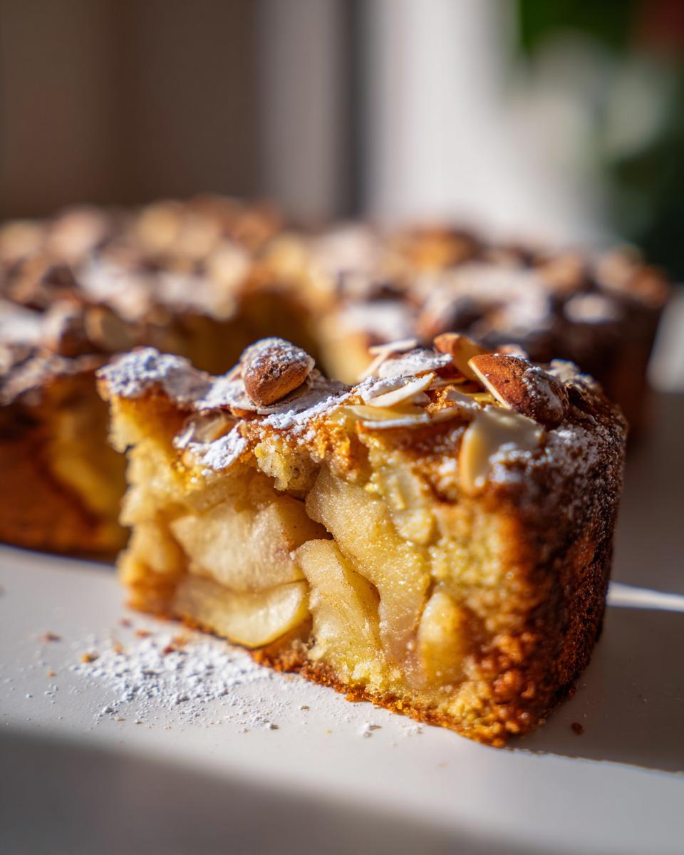 A close-up of a slice of Old Fashioned Apple Cake, generously filled with apple pieces and topped with almonds and icing sugar.