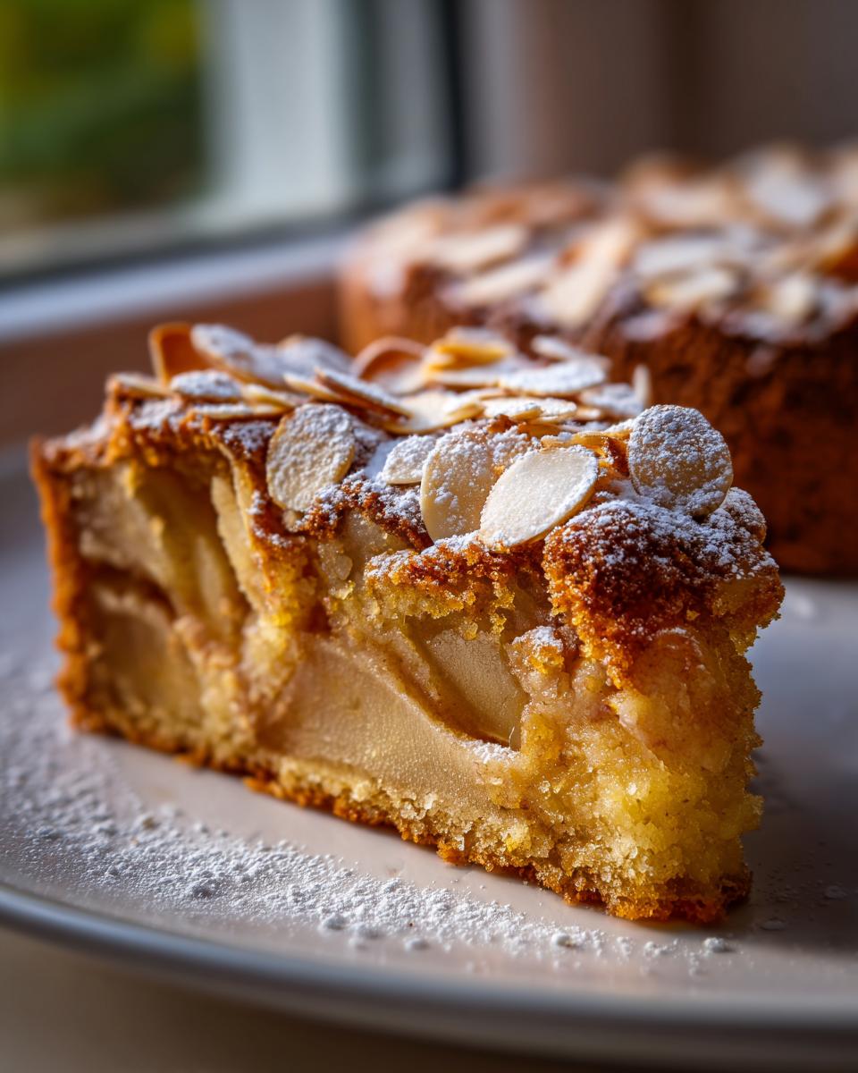 A delicious slice of Old Fashioned Apple Cake, topped with flaked almonds and dusted with icing sugar.