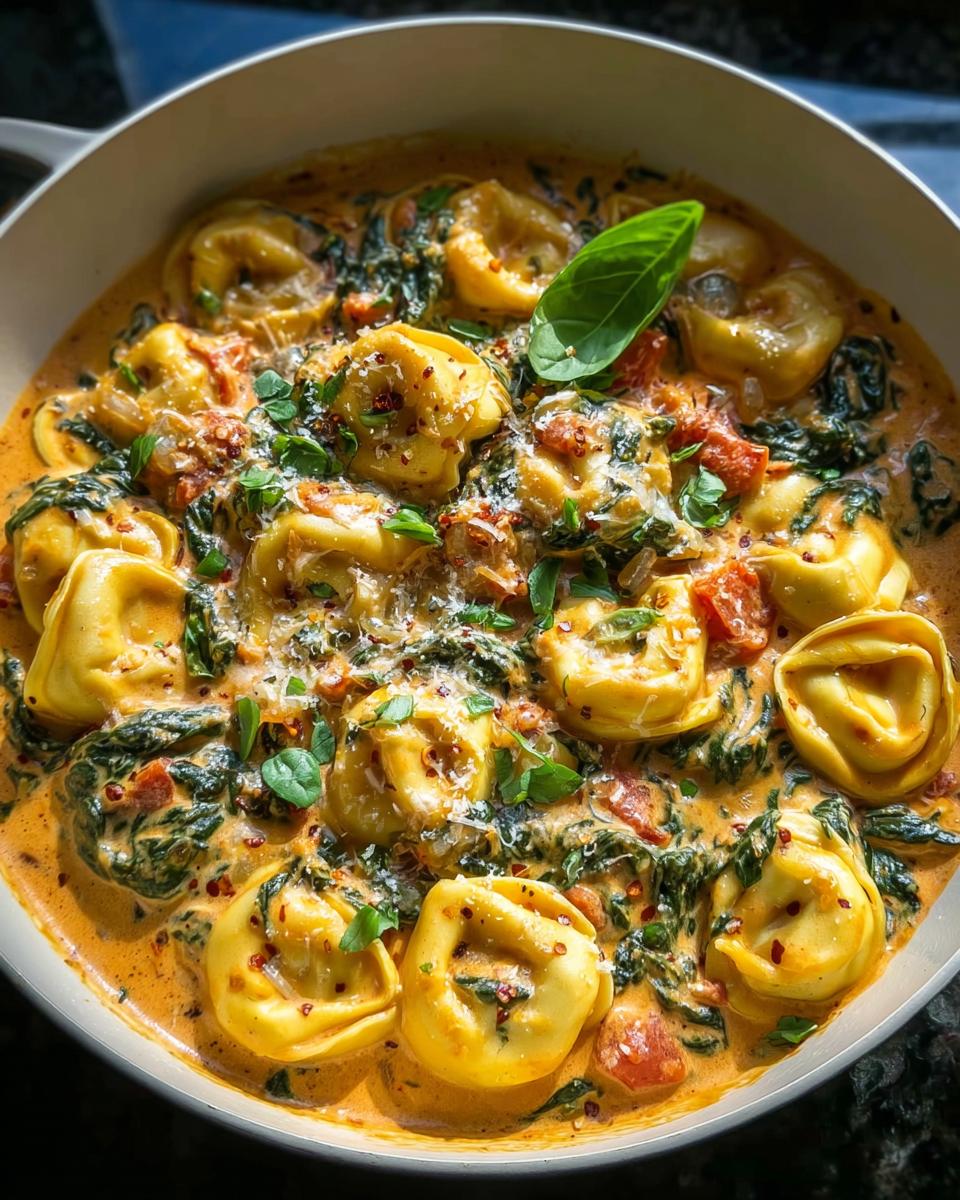 Close-up of a creamy spinach tomato tortellini dish in a pot, garnished with basil and chili flakes.